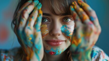 Female hands covered in colorful paint, expressive face and eyes, creative project. Abstract background of splashing colors.