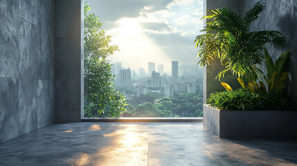 Wall Mural - A modern balcony with a view of the city skyline.