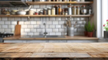 Canvas Print - Blurry kitchen background with empty table for placing items