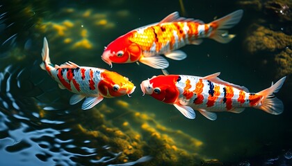 Wall Mural - Serene koi fish gracefully swimming in a sunlit pond, showcasing vibrant colors and intricate patterns