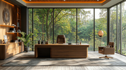 Sticker - Spacious office with large windows overlooking a lush green forest.