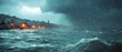 © Jittapon - Powerful tropical storm with heavy rain wind and crashing waves approaching and battering a coastal town under a dark dramatic and ominous sky