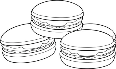 Set of outline Macaron cookies drawing vector clipart illustration on black and white.