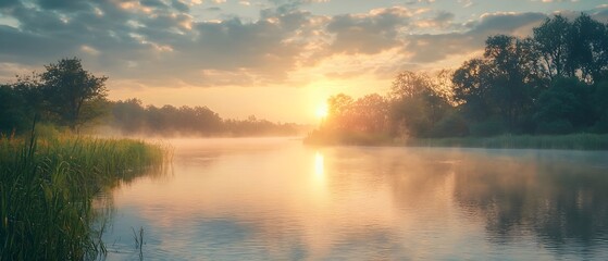 Fototapete - Hazy atmospheric sunset casts a warm golden glow over a tranquil river flowing through a serene natural landscape  Reflections of the sky and trees create a calming picturesque scene
