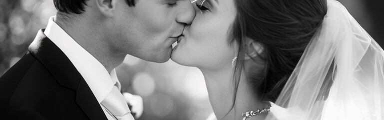 Affectionate kiss exchanged between the bride and groom, wedding day concept.
