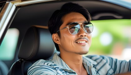 Happy Asian man embarking on summer vacation, cheerful ride with stylish driving glasses and casual attire