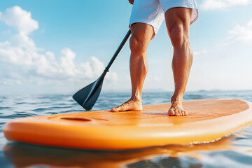 Man on a SUP Board in Shorts and T-Shirt | Stand-Up Paddleboarding Adventure in Casual Summer Attire