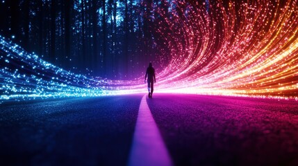 Glowing Road Ahead: A person walking down a dark road, with each step they take turning the road into a glowing, vibrant path