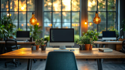 A modern office workspace with a computer, plants, and warm lighting.