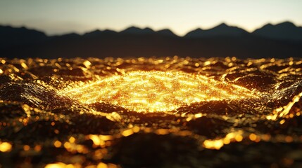 Wall Mural - golden oasis in financial desert: a glowing golden oasis in the middle of a desert filled with defla