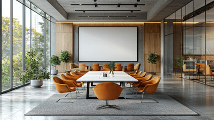 Sticker - Modern conference room with a large screen and a long table.