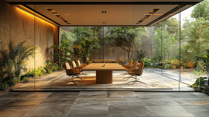 Canvas Print - Modern conference room with glass walls overlooking a lush garden.