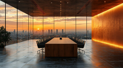 Poster - Modern boardroom with city skyline view.