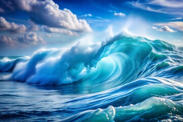 Wall Mural - Ocean wave breaking under blue sky and white clouds