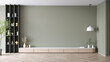© LEKSTOCK 3D - TV wall decor ideas for living room ,  a blank dark green wall with Wooden TV cabinet  and bright green background , .3d render