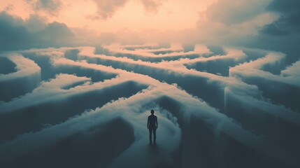 Wall Mural - labyrinth of lost intentions: a person standing at the entrance of an abstract labyrinth made of clo