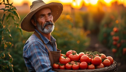 Harvesting fresh tomatoes against a vibrant sunset backdrop