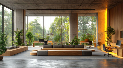 Modern office interior with a large window and a view of a lush green garden.