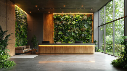 Canvas Print - Modern lobby with a lush green wall and a wooden reception desk.