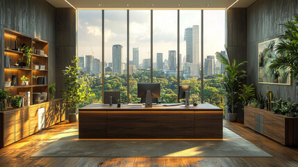 Sticker - Modern office with a view of the city.