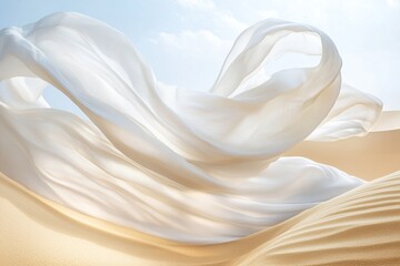 A white fabric blowing in the wind, swirling around like sand dunes, with a desert landscape