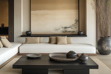 Wall Mural - Japanese zen-style living room with a low white sofa, a black lacquered coffee table, and a large minimalist ink wash painting