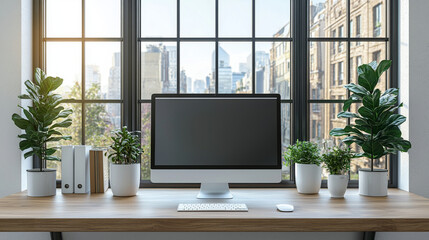 Wall Mural - Modern workspace with a computer, keyboard, and mouse.