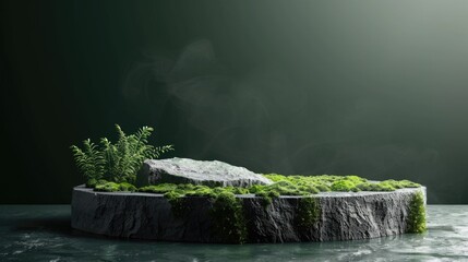 Wall Mural - Natural style stone podium with moss on dark green background for showcasing organic cosmetics with room for text.