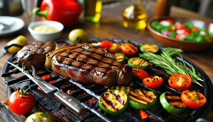 Deliciously grilled beef steaks and vibrant vegetables on a rustic iron grill with ample copy space for culinary creativity