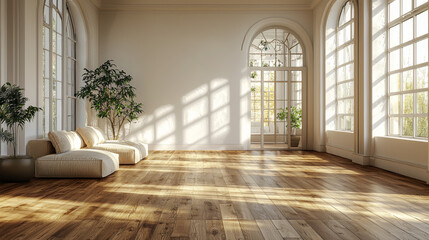 Sunlight streams through large windows in a bright, airy living room with white walls and hardwood floors.