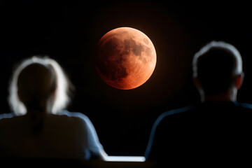 Wall Mural - people watching a lunar eclipse | stargazing and celestial phenomenon under the night sky