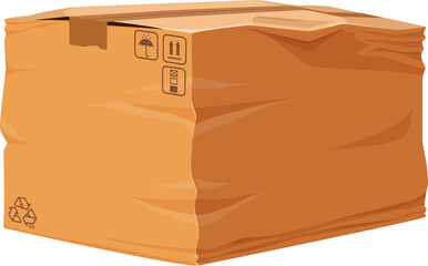 Wall Mural - Damaged cardboard box that appears crumpled and broken. Isolated cartoon vector package shows signs of being ripped and crushed, representing issues with cargo delivery and packaging problems