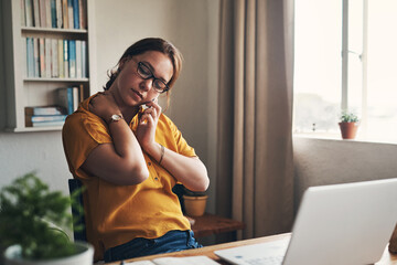 Aufkleber - Woman, phone call and anxiety with neck strain for writing, blog or article in home office. Journalist, pain or stress for remote work, planning or research for copywriting freelance career in house