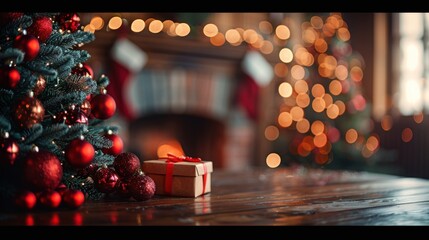 Wall Mural - A Christmas tree with red ornaments and a box of presents on the ground