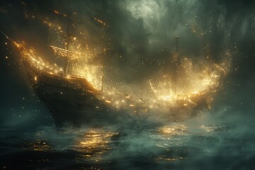 Wall Mural - A ship is sinking in the ocean with a lot of smoke and fire
