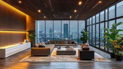 Sticker - Modern living room with city view.