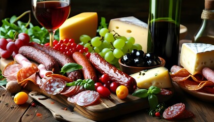 Wall Mural - Gourmet charcuterie spread featuring sausage, salami, cheese, berries, and olives accompanied by fine wine on a rustic Italian table