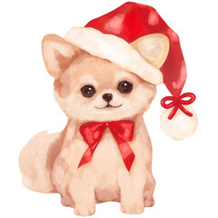 Wall Mural - A Pomeranian dog wearing a Santa hat with a red ribbon bow in watercolor.