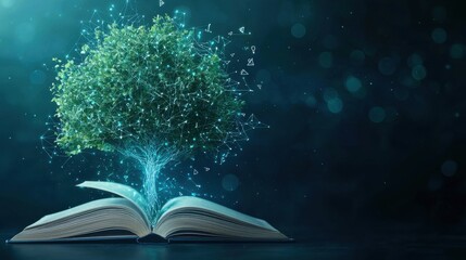 Rooted in Curiosity: A tree growing out of an open book, with its branches filled with glowing abstract symbols and ideas, symbolizing growth driven by curiosity and knowledge