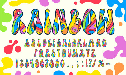 Retro 60s hippie typeface and psychedelic rainbow font of 70s groovy type, vector bold wavy alphabet. Psychedelic rainbow font letters in retro hippie art for cartoon type and funky trippy typeface