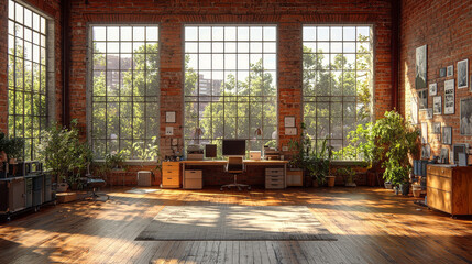 Canvas Print - Spacious loft office with large windows and a desk.