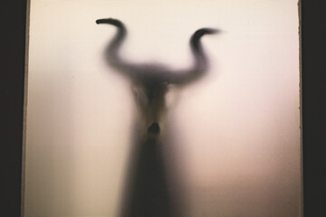 Wall Mural - Horror, halloween background - Shadowy figure with horns behind the glass