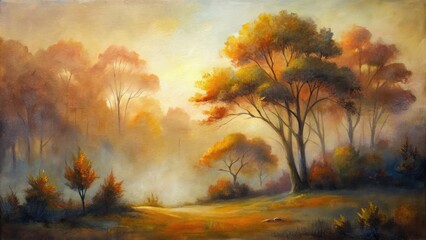 Wall Mural - Peaceful countryside with trees bathed in golden sunlight.