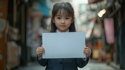 Poster - Asian young girl in suit uniform, showing a blank banner on hands, looking at camera