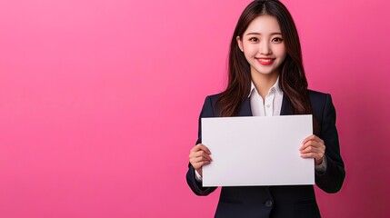 Canvas Print - Asian young woman in suit uniform, showing a blank banner on hands, isolated on pink background, copy space.