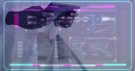 Wall Mural - Animation of data processing and dna strand over biracial male doctor holding tablet