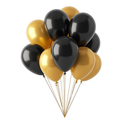 gold and black colored balloons isolated on white or transparent png for party holiday or anniversary happy birthday celebration colourful yellow ball of air vector to celebrate with group 