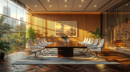 Wall Mural - Modern boardroom with large windows and warm sunlight.