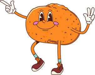 Aufkleber - Cartoon retro groovy tangerine fruit character wearing sneakers, exudes retro funky vibe with a big, cheeky smile. Isolated vector ripe and cheerful tropical orange or mandarin citrus fruit personage