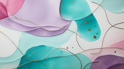 Wall Mural - Abstract flowing shapes in pastel purple and teal, modern art with golden accents